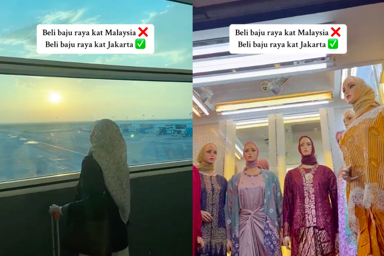 Kolase tangkapan layar unggahan video di akun TikTok @nurintashaaa, yang menceritakan pengalamannya belanja baju Lebaran di Jakarta. 