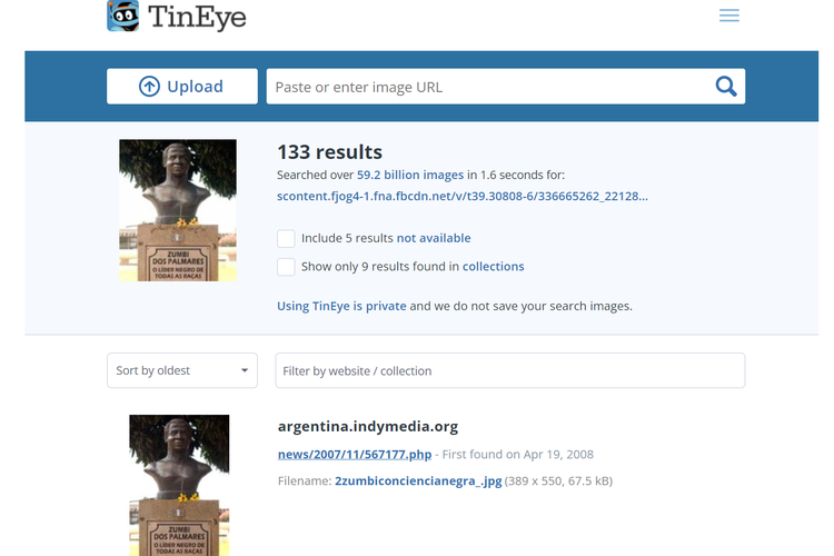 Tangkapan layar pencarian gambar di TinEye, soal foto jirat dengan nama Zumbi Dos Palmares sudah beredar setidaknya sejak 19 April 2008.