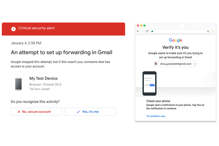 Pengguna akan menerima prompt di atas ketika sistem mendeteksi adanya aktivitas sensitif yang dilakukan di Pengaturan Gmail