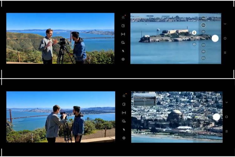 Galaxy S20 Ultra membidik objek Alcatraz dalam 30x zoom (atas) dan venue peluncuran Galaxy Unpacked dalam 100x zoom (bawah).