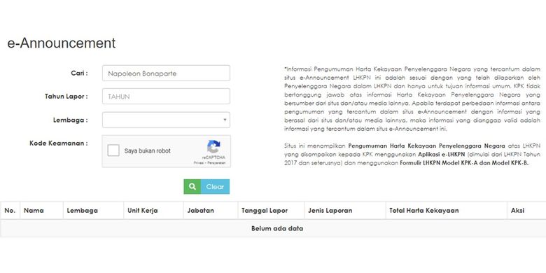 Tangkapan layar laman elhkpn.kpk.go.id soal harta kekayaan Irjen Napoleon Bonaparte.