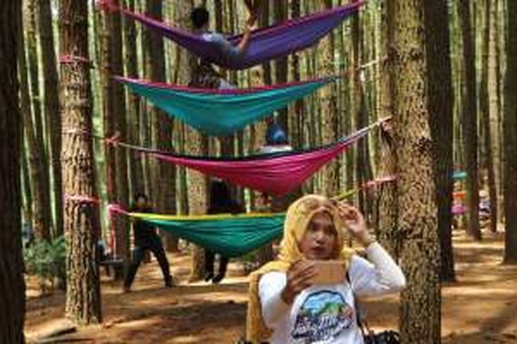 Peserta Take Me Anywhere 2 selfie untuk kompetisi Selfie Run di Kebun Buah Mangunan, Kecamatan Dlingo, Bantul, DI Yogyakarta, Jumat (14/10/2016).