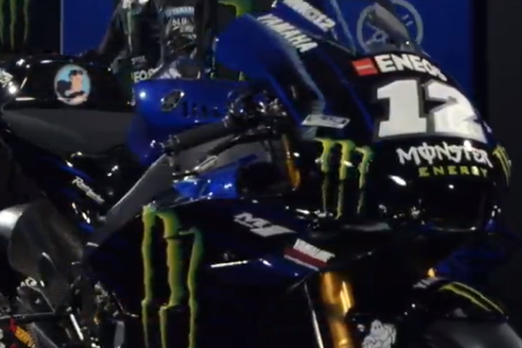 Motor balap baru tim pabrikan Yamaha untuk MotoGP 2019 yang diluncurkan di Jakarta, Senin (4/2/2019). Menggandeng sponsor baru, mulai musim 2019 Yamaha akan menggunakan nama resmi Monster Energy Yamaha MotoGP Team.