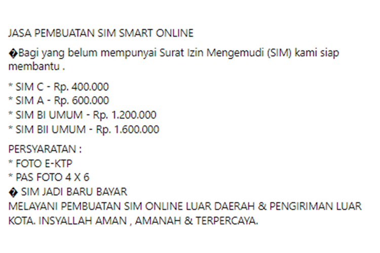 Tangkapan layar unggahan  yang berisi jasa pembuatan Surat Izin Mengemudi (SIM) online dengan berbagai harga.