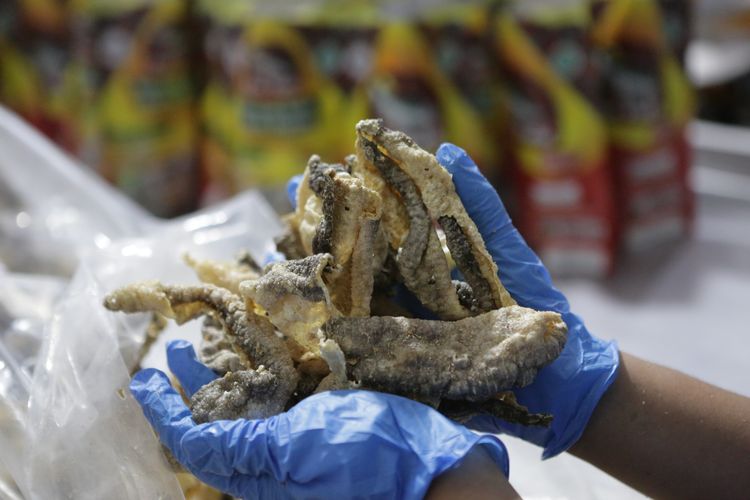 Karyawan Raja Patin saat mengemas kerupuk kulit ikan patin di Desa Sugiharjo, Kecamatan Batang Kuis, Deli Serdang, Sumatera Utara, Senin (28/10/2024) 