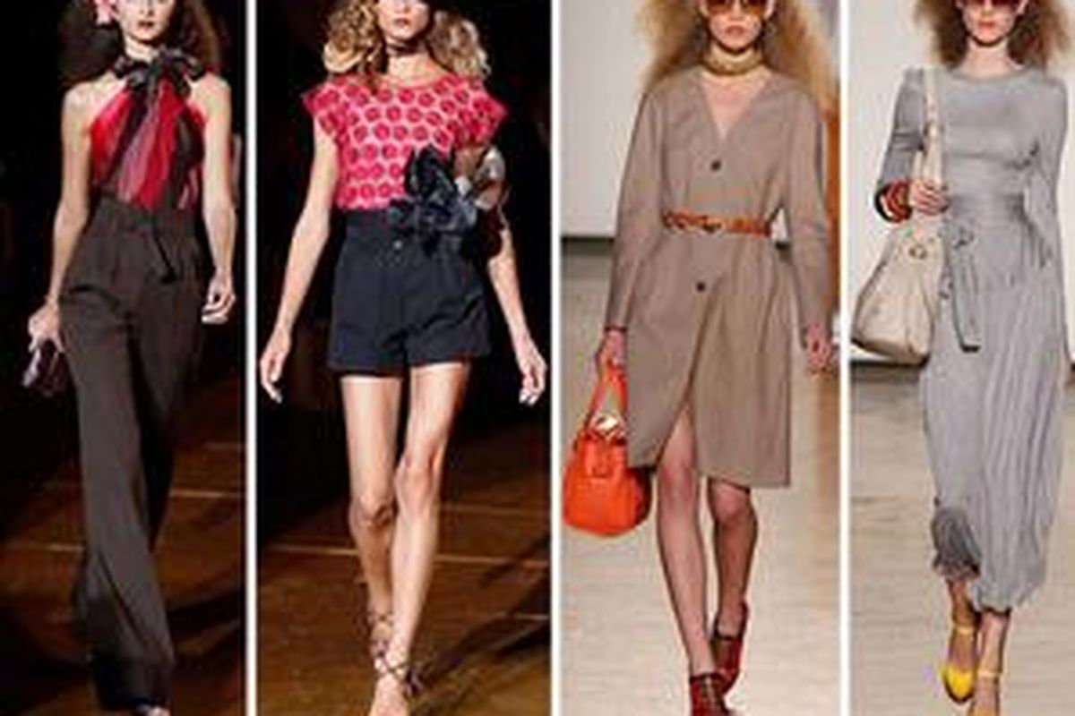 Padu padan warna pada busana Marc Jacobs Spring/Summer 2011. Dari kiri ke kanan, untuk inspirasi formal, kasual, dan padu padan warna dari aksesori. 