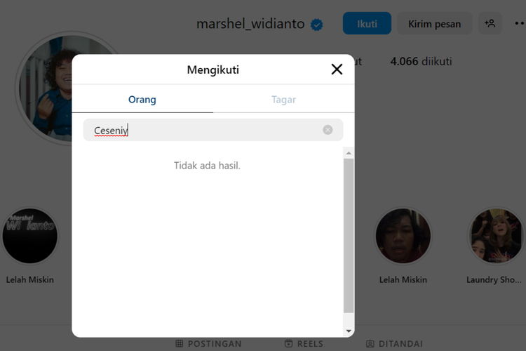 Marshel Widianto tidak mem-follow akun Instagram istrinya, Cesen.
