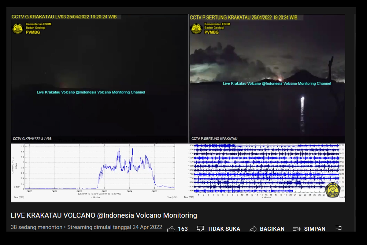 Tangkapan layar kanal YouTube Indonesia Volcano Monitoring yang menampilkan visual di sekitar Gunung Anak Krakatau secara live streaming.