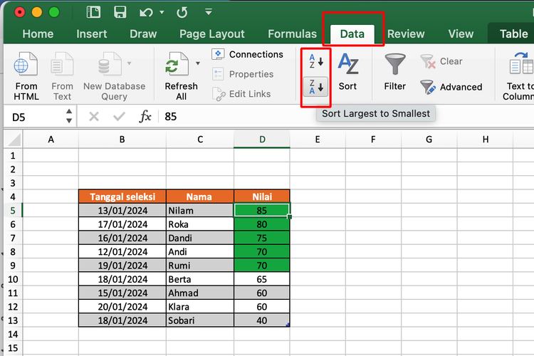 Ilustrasi cara mengurutkan data di Excel untuk data angka.