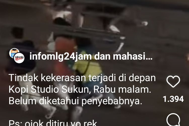 Video viral dari akun Instagram @info_malang yang memperlihatkan adanya seorang pria dikeroyok oleh sejumlah orang di Jalan S Supriyadi, Kecamatan Sukun, Kota Malang, Jawa Timur. 