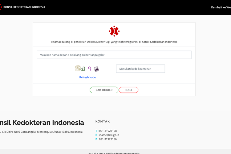 Tangkapan layar laman Konsil Kedokteran Indonesia untuk mengcek status dokter asli atau dokter gadungan agar tidak tertipu