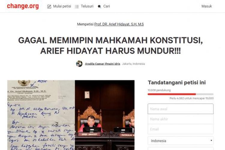 Laman Change.org mengenai petisi terhadap Ketua Mahkamah Konstitusi Arief Hidayat agar mundur dari jabatannya.