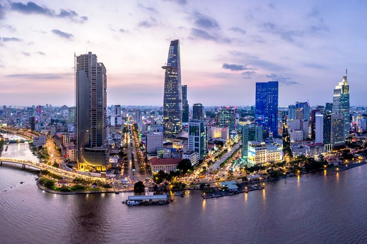 Ilustrasi pemandangan kota Ho Chi Minh City di Vietnam.