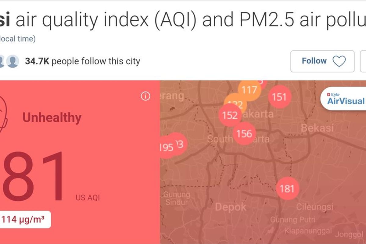 Bidik layar situs AirVisual untuk data polusi udara Kota Bekasi, Jawa Barat, Jumat (9/8/2019) pagi. Gambar diambil pukul 09.15 WIB.