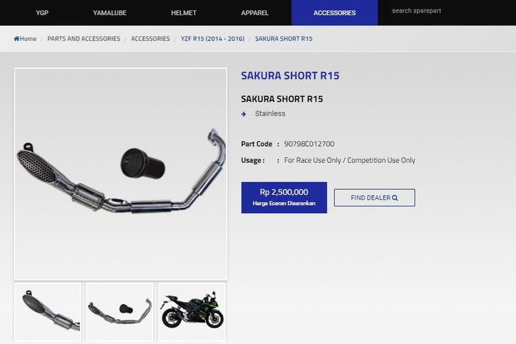 Knalpot aftermarket yang dijual di situs resmi Yamaha Indonesia