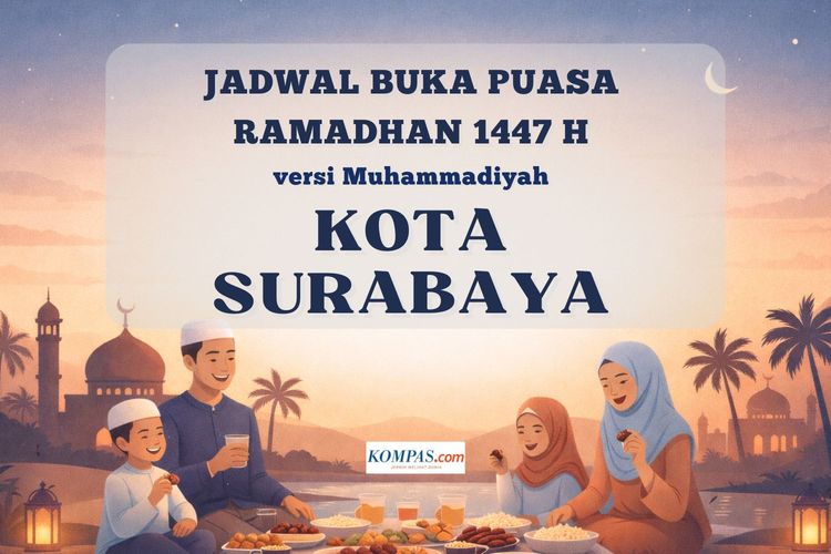 Jadwal buka puasa Kota Surabaya selama Ramadhan 2026 versi Muhammadiyah, lengkap dari tanggal 1 - 30 Ramadhan 1447 H.