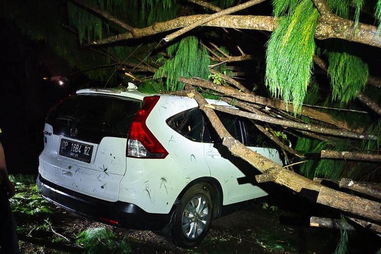 Angin puting beliung yang terjadi di Kecamatan Nuha, Kabupaten Luwu Timur, Sulawesi Selatan, Sabtu (24/2/2024) petang membuat sebuah kendaraan mobil tertimpa pohon di depan Kantor Camat Nuha,