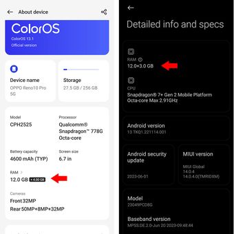Keterangan kapasitas RAM di ponsel dengan antarmuka ColorOS (kiri) dan MIUI. 