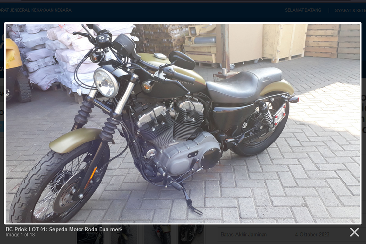 Tangkapan layar motor Harley Davidson yang dilelang Ditjen Bea Cukai di lelang.go.id.