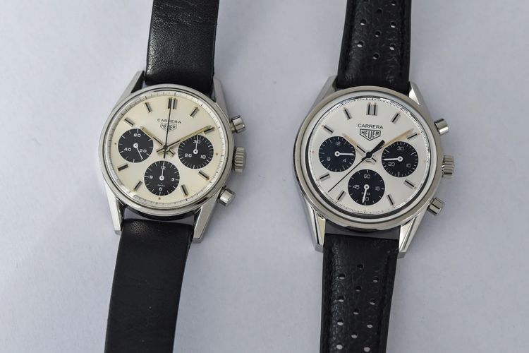 Arloji vintage Heuer Carrera Chronograph referensi 2447SN (kiri) dan TAG Heuer Carrera Chronograph 60th Anniversary (kanan)