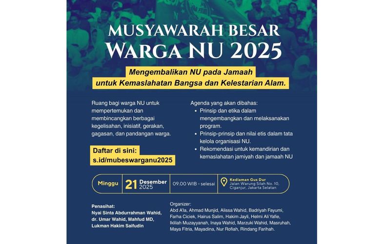 Musyawarah Besar Warga NU 2025 akan digelar di Ciganjur, Jakarta Selatan, Minggu (21/12/2025).