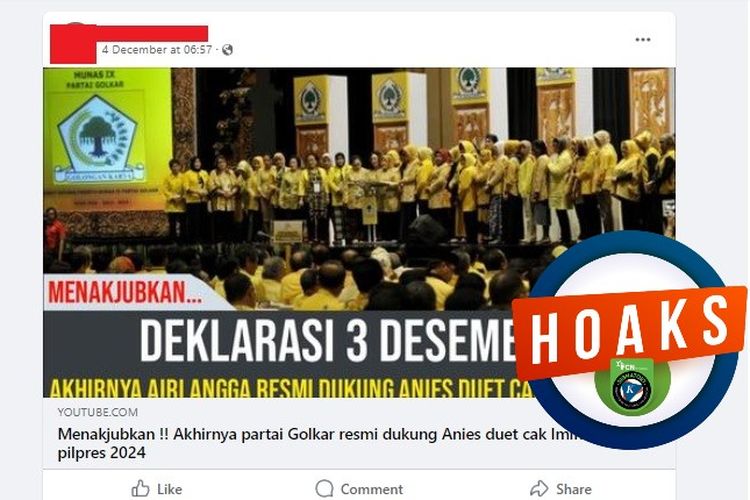 Tangkapan layar Facebook narasi yang menyebut Golkar mendeklarasikan dukungan kepada Anies-Muhaimin