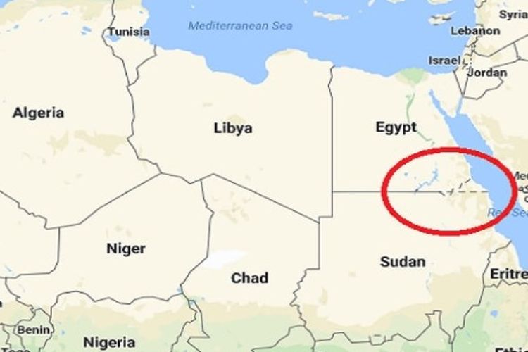Bagian yang dilingkari di dalam peta ini menunjukkan lokasi Bir Tawil, wilayah tak bertuan di antara Mesir dan Sudan.