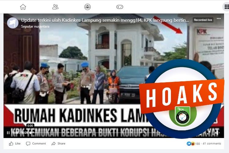 Tangkapan layar Facebook narasi yang menyebut bahwa rumah Kadinkes Lampung, Reihana disita oleh KPK