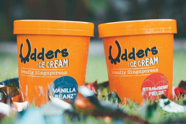 Dua varian rasa yang tersedia di Udders Ice Cream Singapura, Strawberry Fields dan Vanilla Beanz 