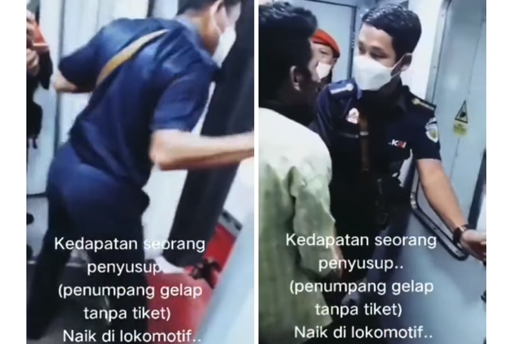 Tangkapan layar video yang memperlihatkan petugas kereta api mendapati adanya penumpang gelap yang naik di lokomotif.