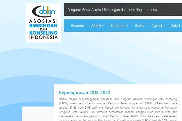 Tampilan laman Asosiasi Bimbingan dan Konseling Indonesia (ABKIN).