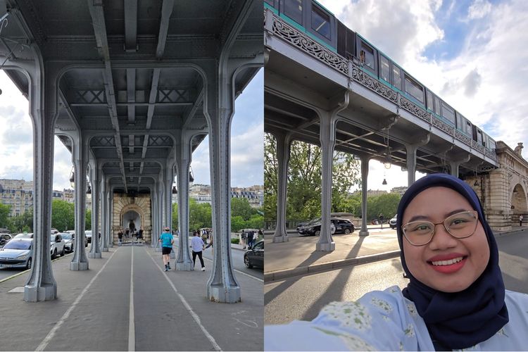 Hasil foto dan selfie gen Z (kanan) di jembatan Bir-Heikeim (lokasi syuting film Inception) dengan kamera 50 MP Samsung Z Flip 6.