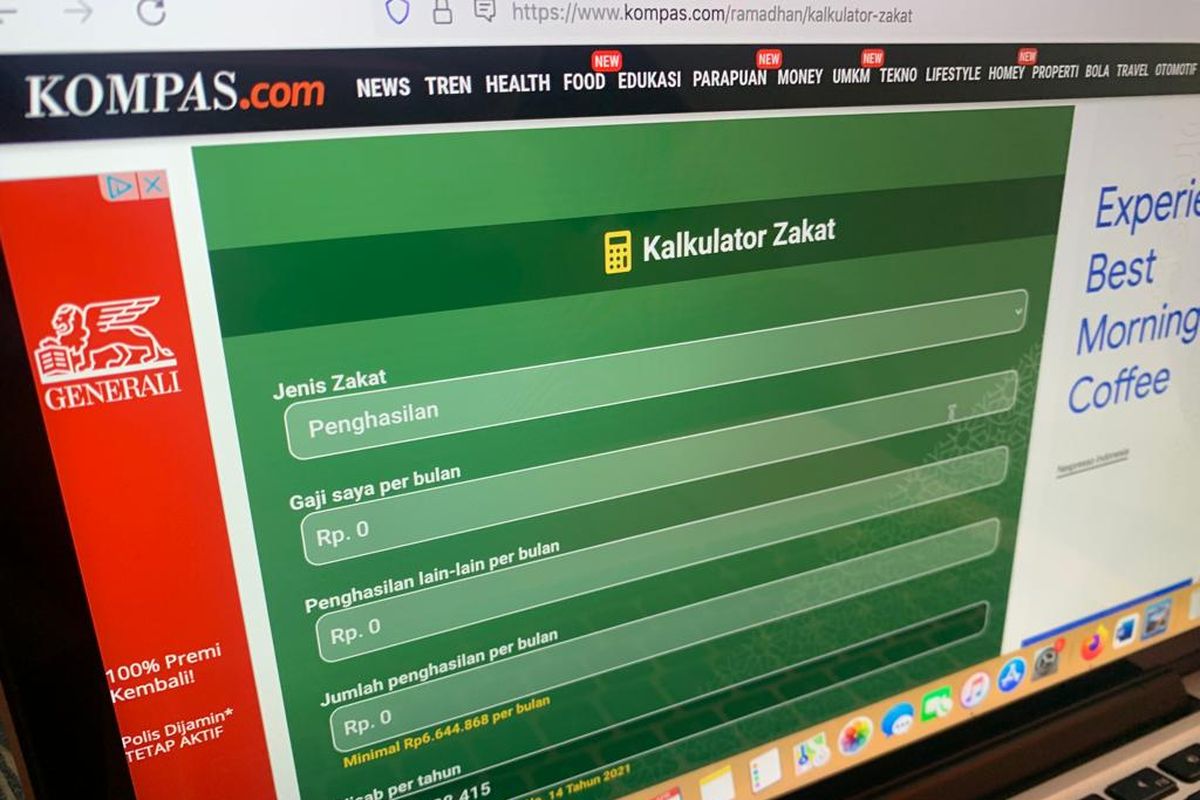 Tampilan kanal website Kompas.com dengan fitur penghitung zakat