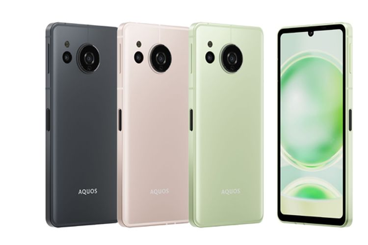 Tampilan punggung dan layar depan Aquos Sense8. Varian warna yang ditawarkan adalah Blue, Pale Green, Light Cooper, dan Cobalt Black