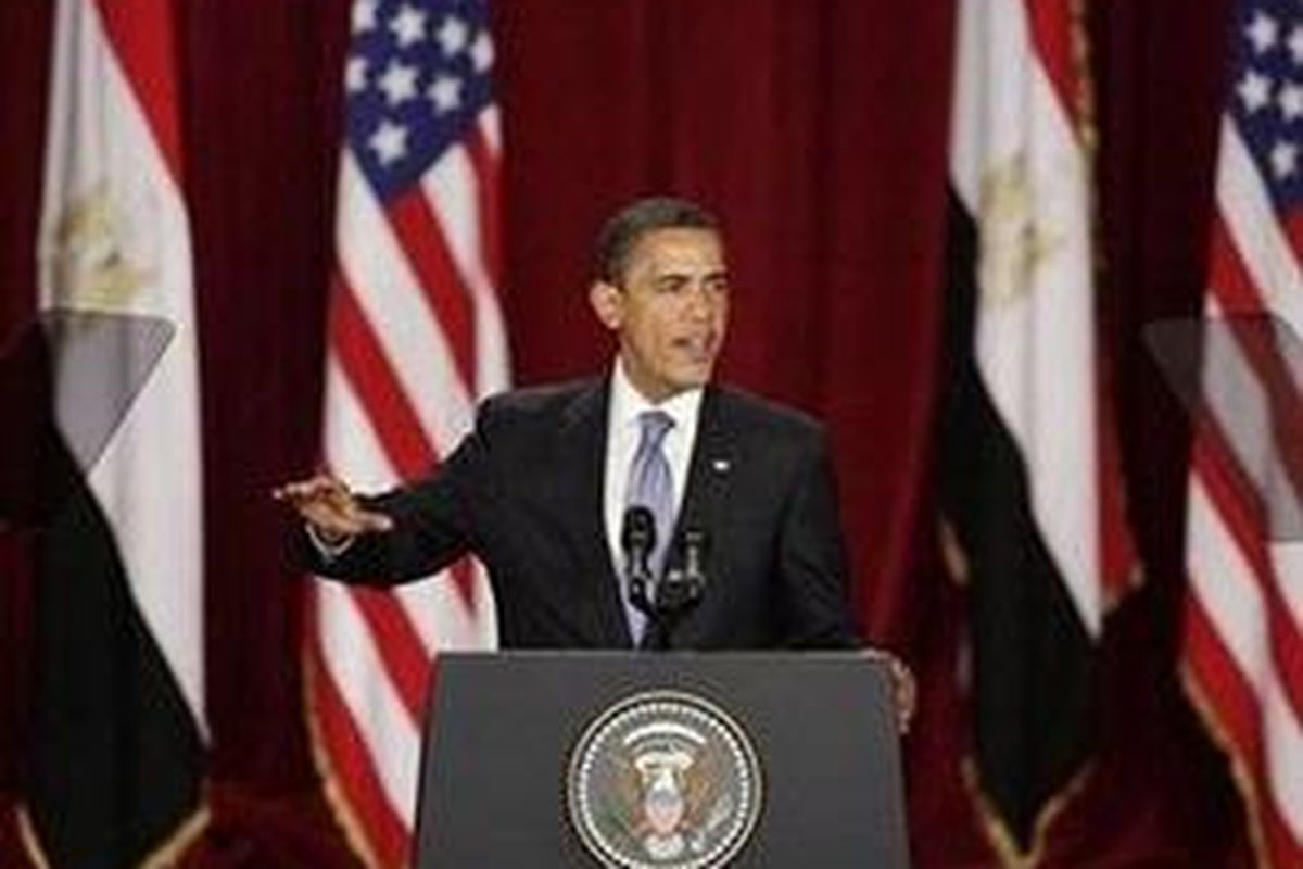 Presiden AS Barack Obama saat berpidato di Universitas Kairo, Mesir, Kamis (4/6).
