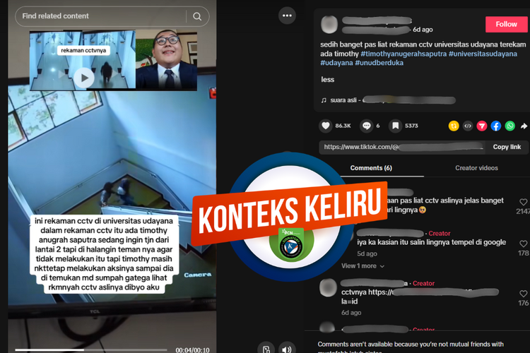 Tangkapan layar konten dengan konteks keliru di sebuah akun TikTok, menampilkan video mahasiswa berlarian di koridor kampus yang diklaim sebagai Timothy.