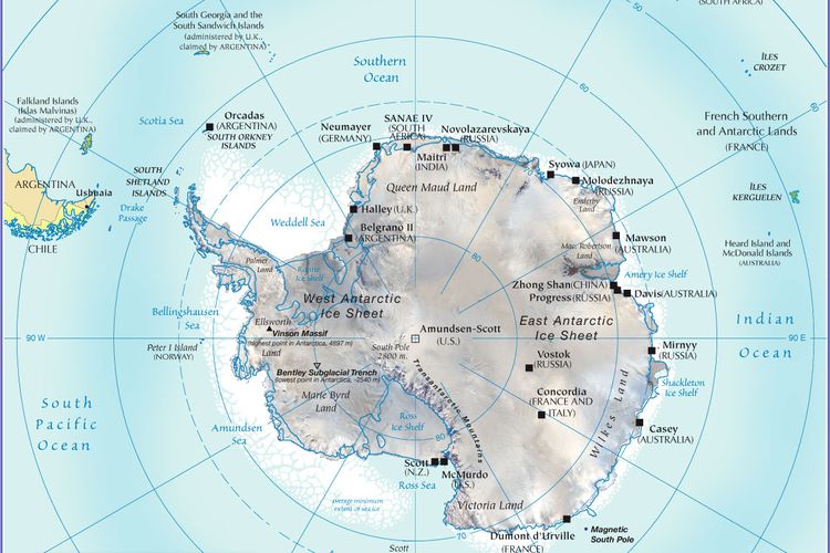 Peta benua Antartika. Batas wilayah benua Antartika tidak ada yang berupa daratan, semuanya perairan.