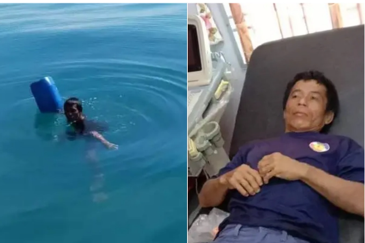 Sosok Catur (40), nelayan asal Indonesia yang ditemukan selamat di laut Malaysia, wilayah Mersing, Johor dengan berpegangan pada jerijen minyak warna biru pada Senin (3/10/2022), sekitar 14 jam setelah dilaporkan hilang.