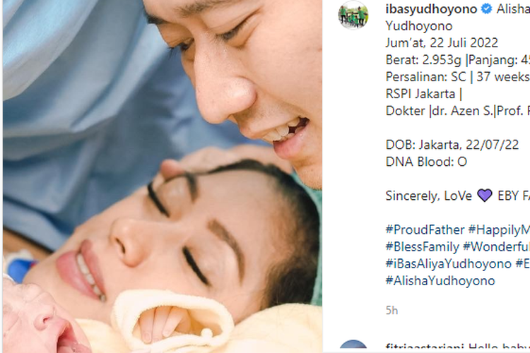 Pada Jumat (22/7/2022) malam, Istri dari Edhie Baskoro Yudhoyono (Ibas), Aliya Rajasa melahirkan anak keempatnya. 