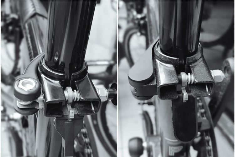 Struktur seatclamp Brompton klasik (kiri) cuma membungkus baut dengan material plastik membuat fitur pengunci seatpost kerap tak bisa mencekram lebih kencang. Pada varian P-Line (kanan) persoalan ini lenyap. Seatpost bakal terpasang dengan tinggi yang tetap berkat seatclamp aluminium yang kokoh mencengkram seatpost. 