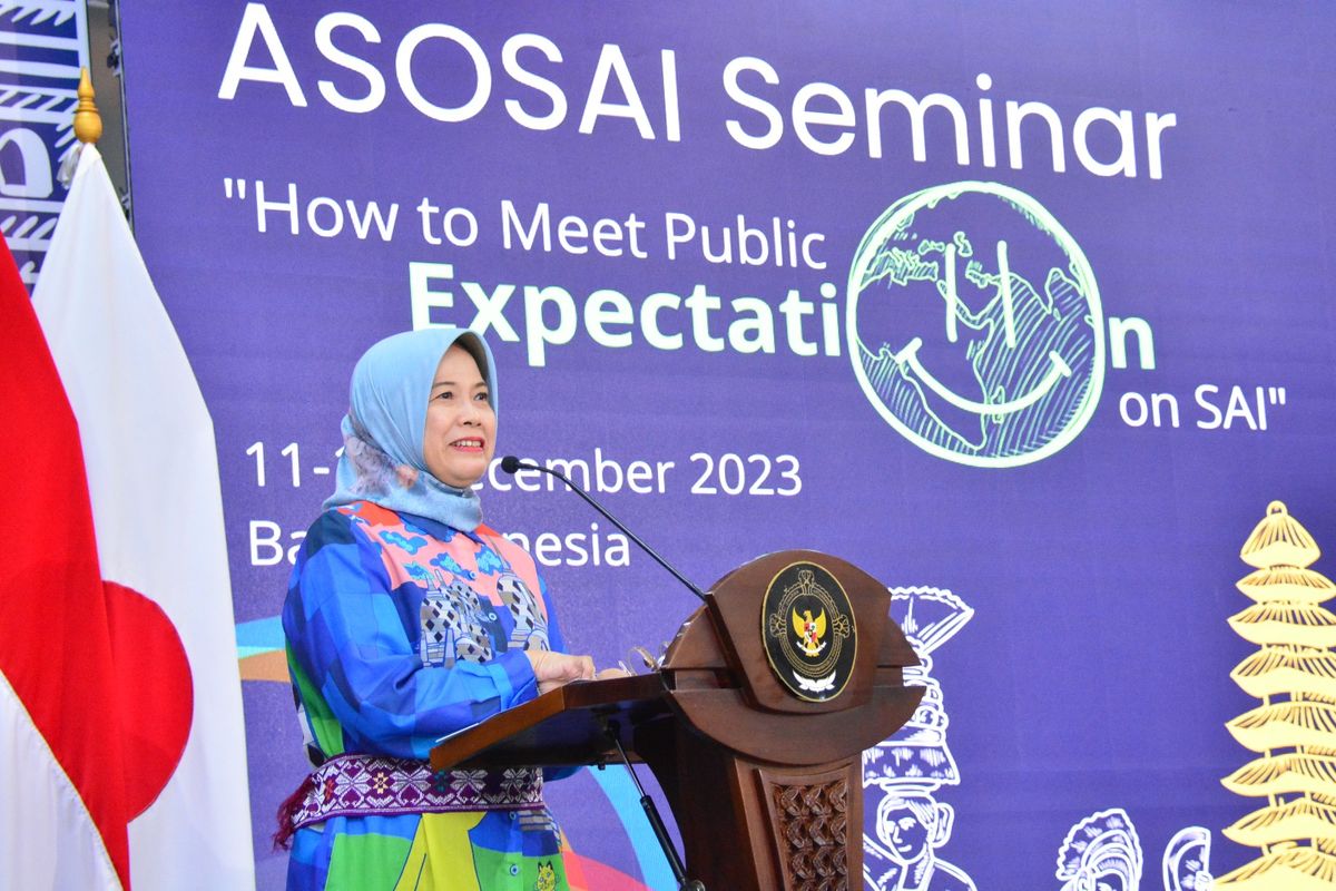 Ketua BPK RI Isma Yatun dalam Asian Organization of Supreme Audit Institutions (ASOSAI) Seminar on How to Meet the Public Expectation on SAI, di Balai Diklat Pemeriksaan Keuangan Negara di Gianyar, Senin (11/12/2023).