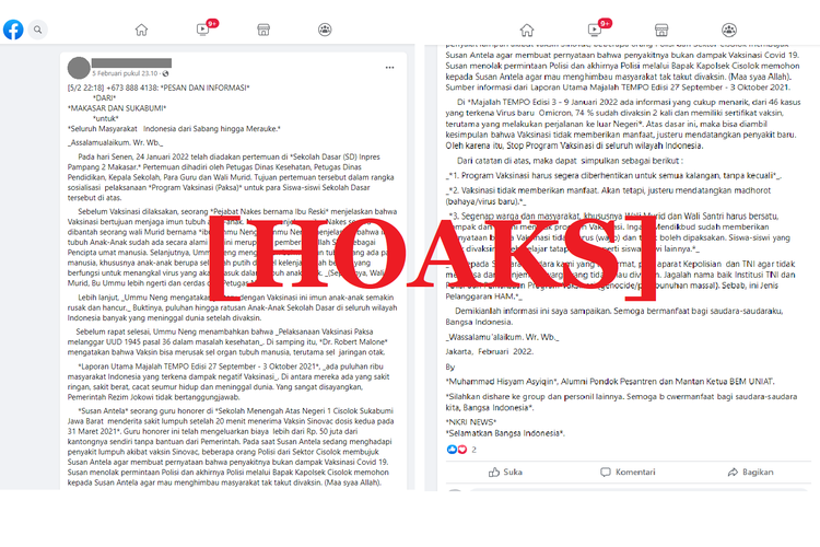 Tangkapan layar unggahan hoaks di sebuah akun Facebook, tentang pesan berantai yang menyebut ratusan siswa SD meninggal karena vaksinasi.
