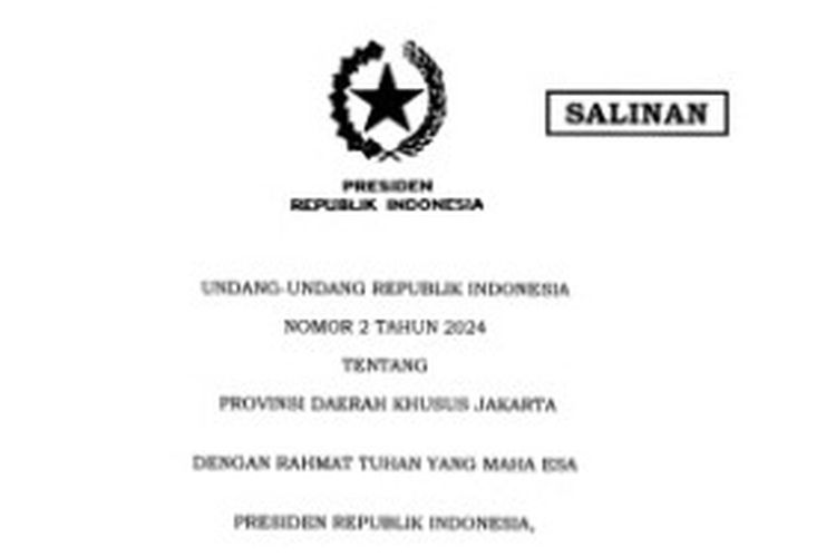 Tangkapan layar UU Nomor 2 Tahun 2024 tentang daerah Khusus Jakarta (DKJ).