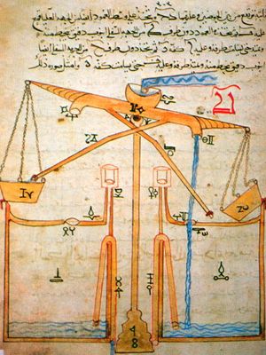 Ilustrasi mesin pompa buatan Al Jazari dalam kitabnya yang berjudul Pengetahuan Ilmu Mekanik.