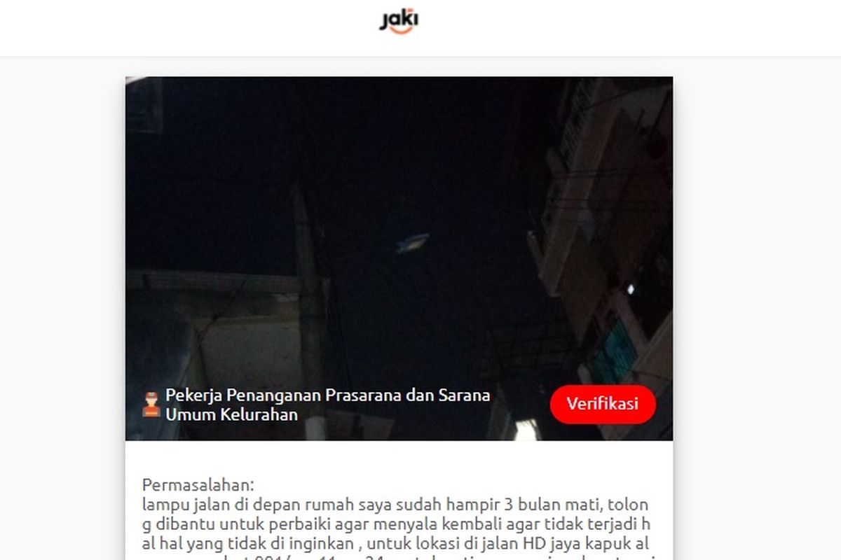 Lampu penerangan jalan umum (PJU) di Jalan HD Jaya, Kapuk, Jakarta Utara, dilaporkan mati sejak tiga bulan lalu. Laporan disampaikan warga pada 19 Desember 2021 melalui aplikasi JAKI milik Pemprov DKI.