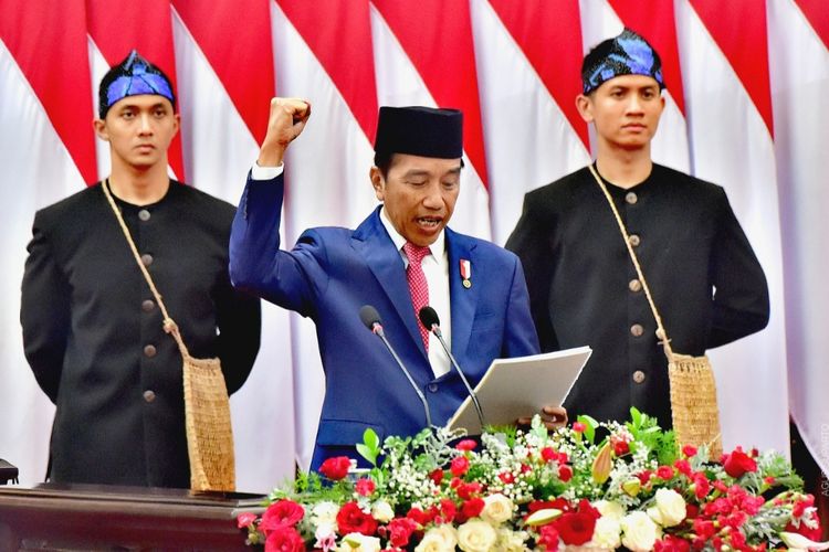 Presiden Joko Widodo saat menyampaikan pidato Rancangan Undang-undang (RUU) APBN 2024 di Kompleks Parlemen, Senayan, Jakarta, Rabu (16/8/2023).