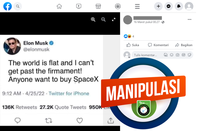 Tangkapan layar konten manipulasi di sebuah akun Facebook, Kamis (16/3/2023), soal tangkapan layar Twitter Elon Musk menyatakan Bumi datar dan ingin menjual SpaceX.