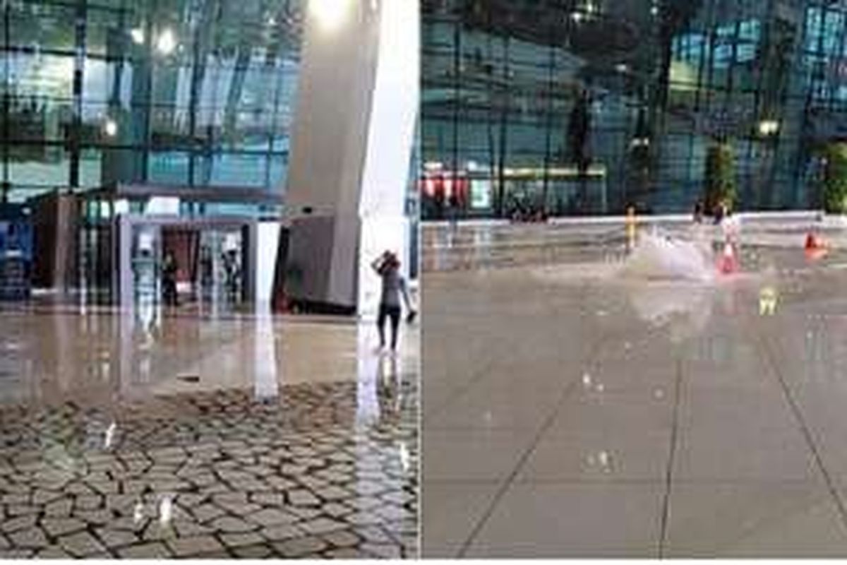 Terminal 3 New Bandara Soekarno-Hatta tergenang air, Minggu (14/8/2016). Pihak bandara mengatakan, genangan terjadi karena saluran air yang tersumbat saat hujan deras terjadi di daerah itu.