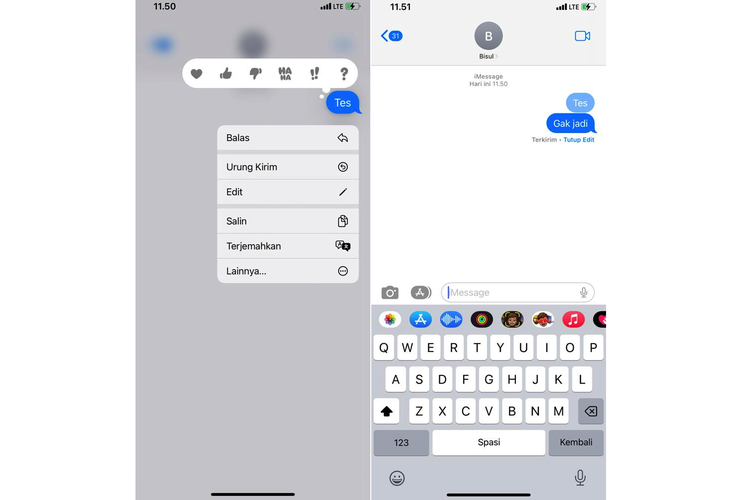 Ilustrasi edit pesan terkirim di iMessage iOS 16.