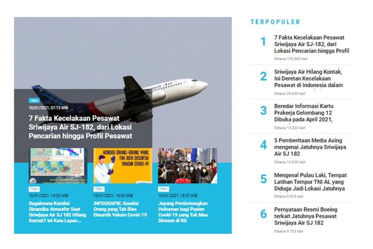 Berita populer Tren 11 Januari 2021, seputar kecelakaan pesawat Sriwijaya Air DJ 182.